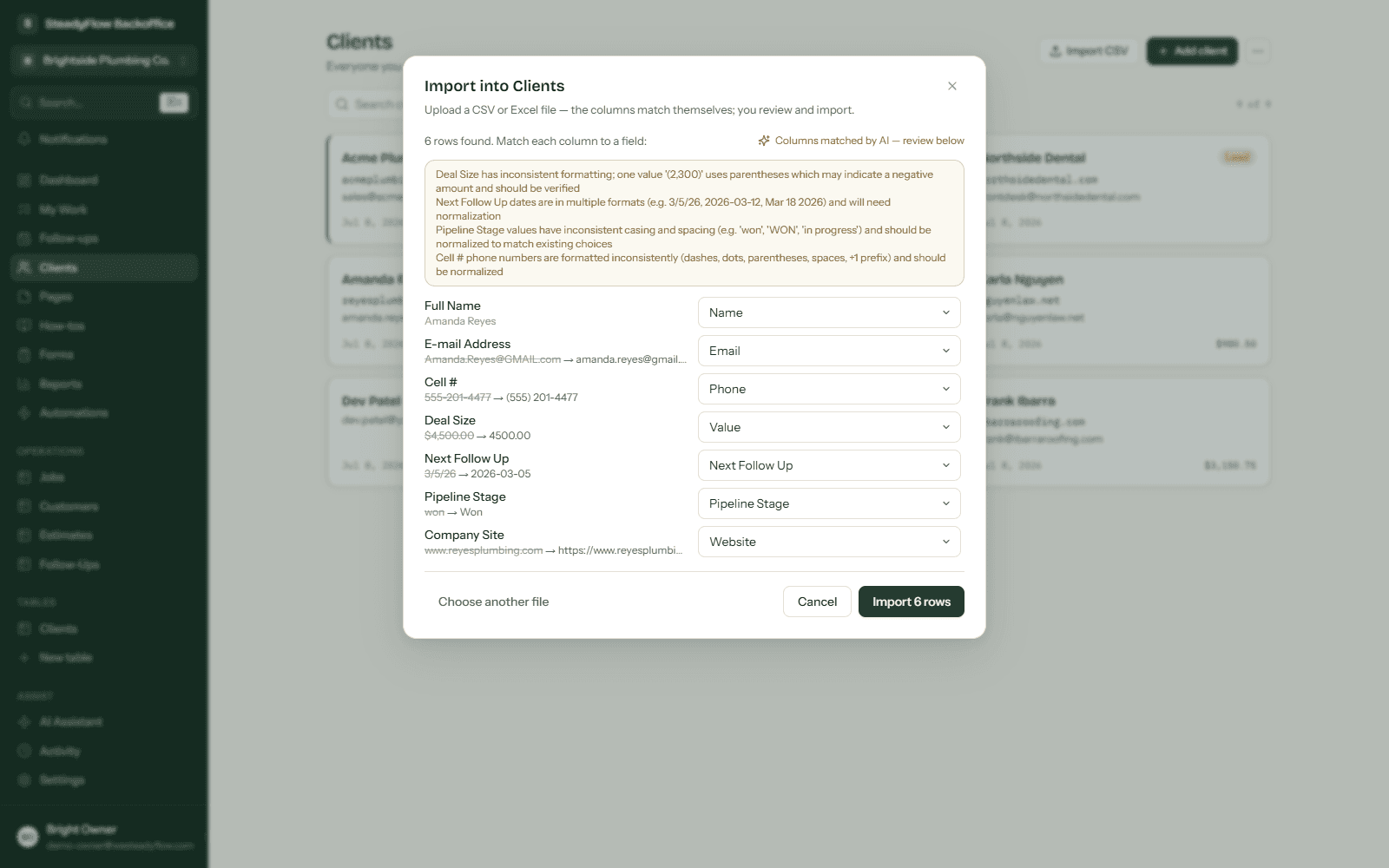 Backoffice import dialog with columns matched by AI and messy values cleaned up in a before-and-after preview