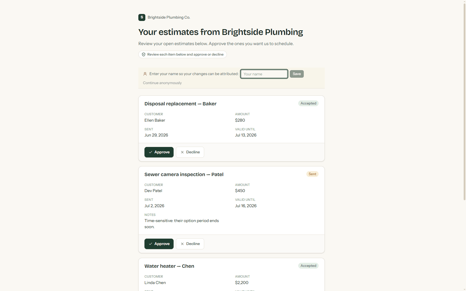 Client portal page where a customer reviews estimates and approves or declines each one